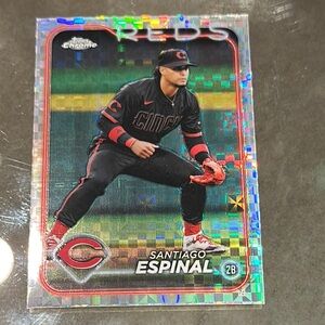 Topps Chrome Holographic Baseball Card with Red and Black Accents